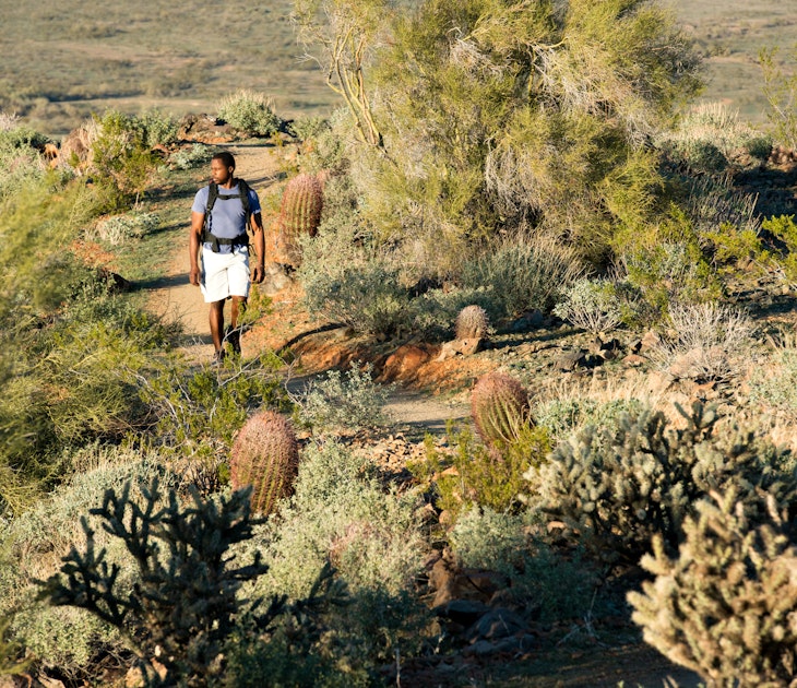 Young man hiking outdoors on a trail at Phoenix Sonoran Preserve in Phoenix, Arizona.